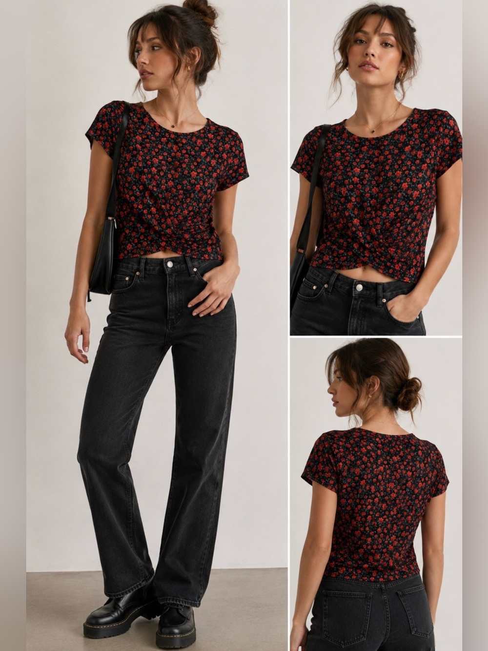 Black Red Floral Cross Front Blouse Top Women’s Small Cottagecore Y2K